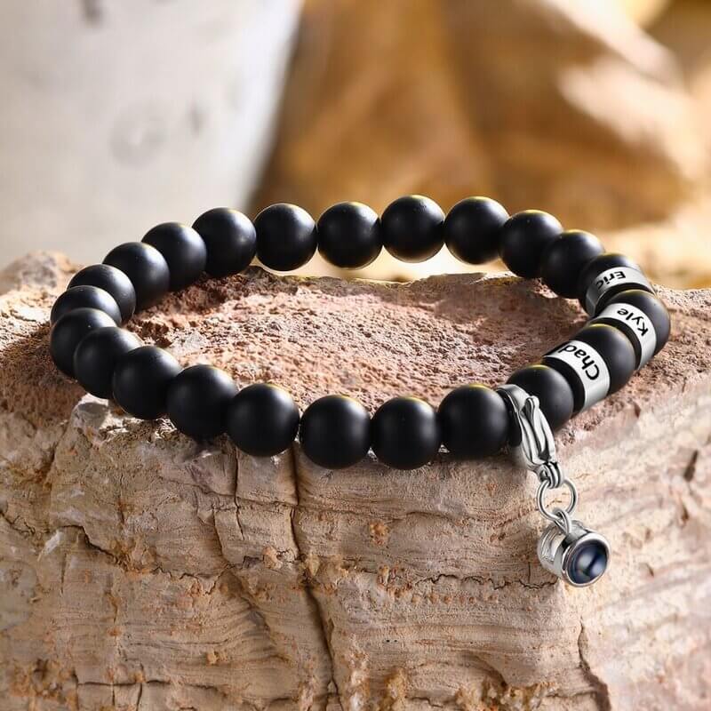 Photo Projection Volcanic Stone Bracelet with Engraved Name Beads