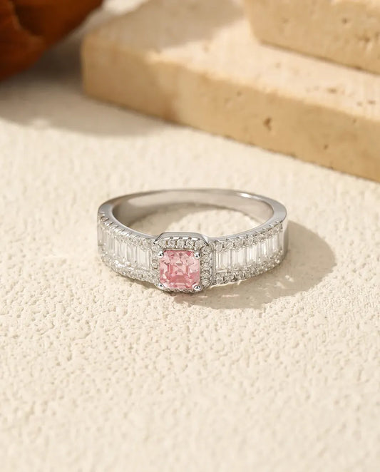 Light pink 0.4ct Asscher cut moissanite halo ring in 925 sterling silver