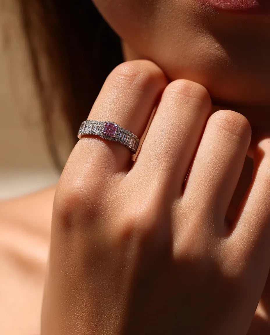 Light pink 0.4ct Asscher cut moissanite halo ring in 925 sterling silver