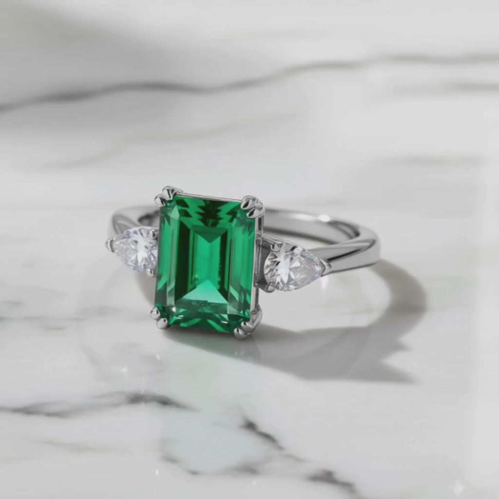 1.23ct Lab Emerald Octagon Cut Ring 925 Sterling Silver in White Gold Vermeil