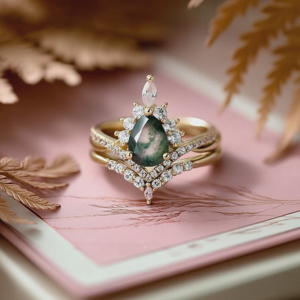 IfShe Pear Shaped Moss Agate Engagement & Wedding Ring Set – 6×8 mm Natural Green Gem in 925 Sterling Silver with 10 k Gold & White Gold Plating