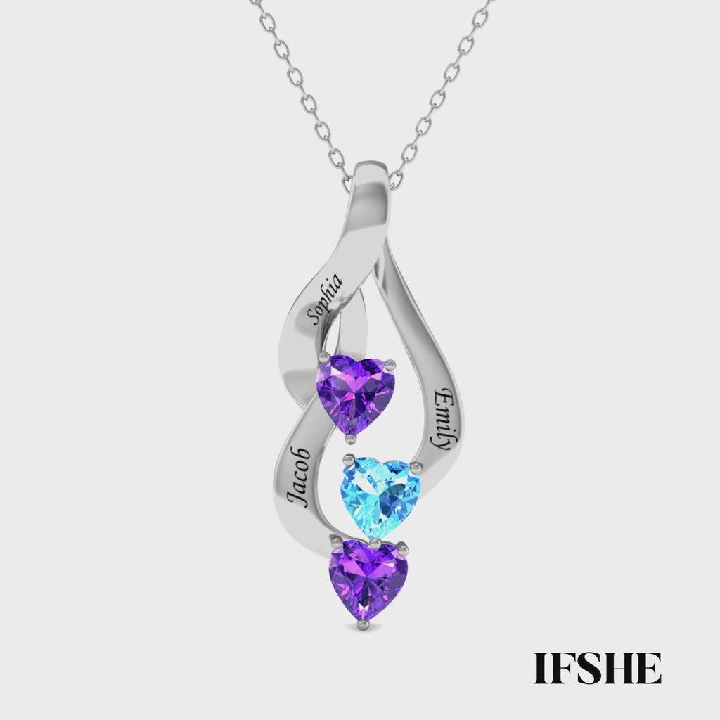 Sterling Silver Personalized Mom Necklace with 3 Engraved Names & Heart Birthstones