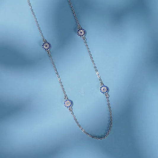 Sterling Silver Four Evil Eye Charm Necklace - Turkish Blue Eye Necklace