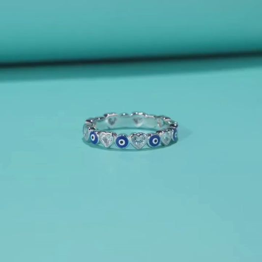 Sterling Silver Evil Eye Ring with Heart Shaped Zircons