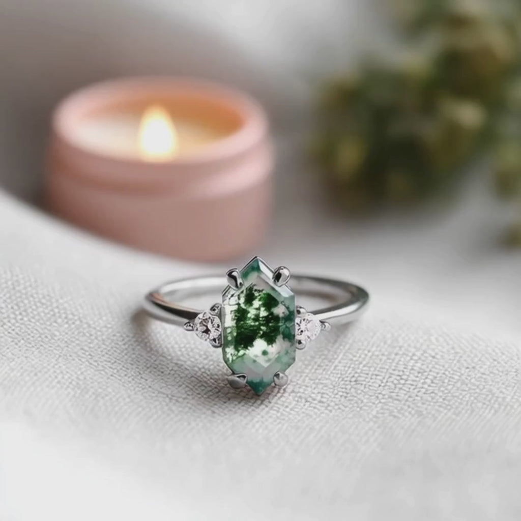 Natural Moss Agate Ring – Elongated Hexagon Cut, Adjustable Sterling Silver Band