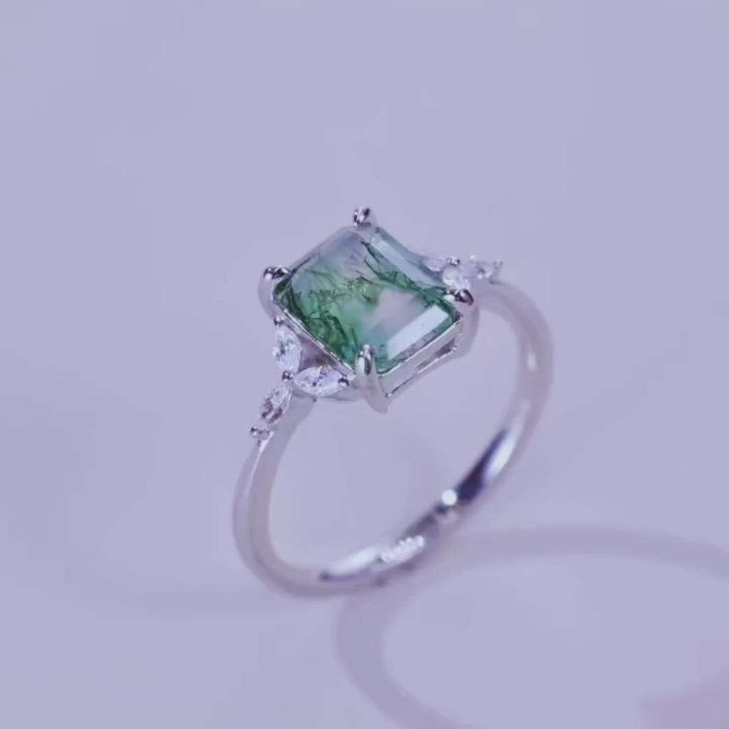 Emerald Cut Moss Agate Engagement Ring - Moss Agate Wedding Band
