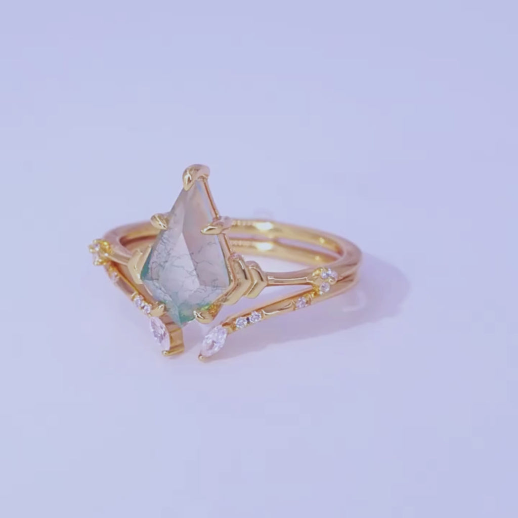 Gold Moss Agate Engagement Ring Set - Unique Kite Cut 925 Sterling Silver with 10k Gold Plated