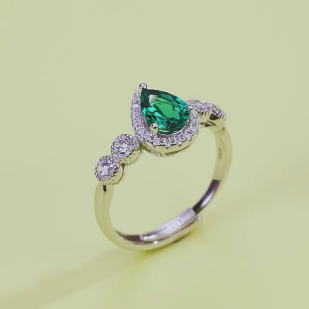 Lab Grown Pear Cut Emerald Engagement Ring for Women 925 Sterling Silver - Adjustable Ring