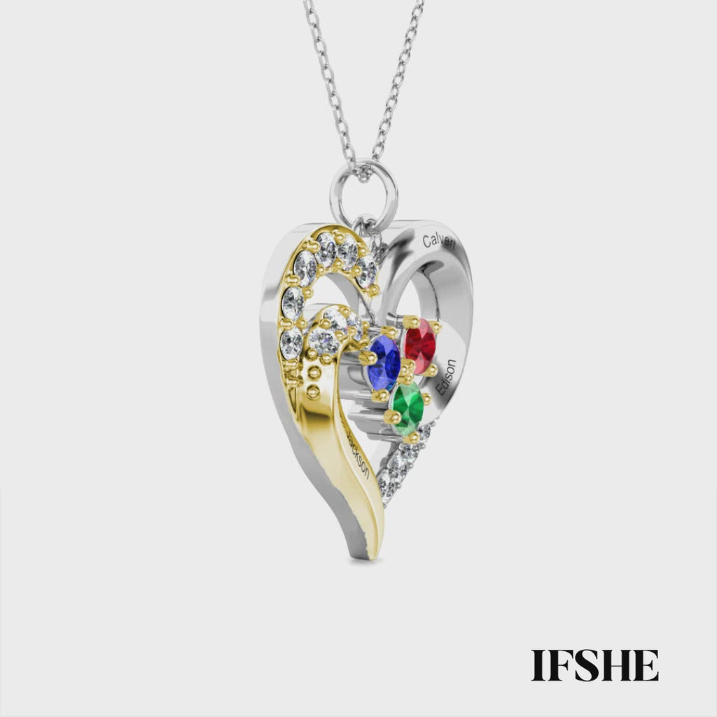 Personalized Two-Tone Heart Necklace: Engraved Names & Family Birthstones, Sterling Silver Gift for Mom