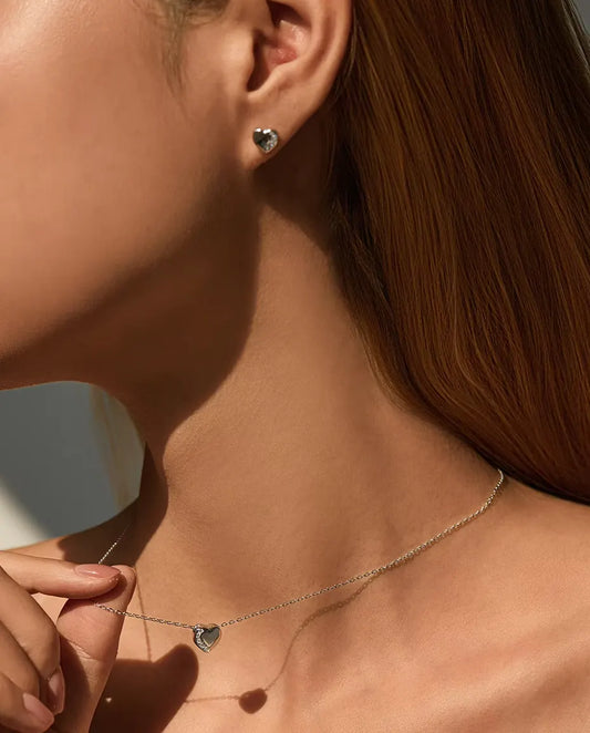 Heart Jewelry Set in 925 Sterling Silver - earring and necklace worn together on a model