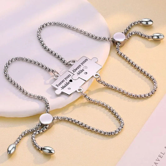 Puzzle Matching Bracelets for Couples – Engraved Birthstone His and Hers Set, Stainless Steel, 2 Pieces, Personalized Anniversary Gift