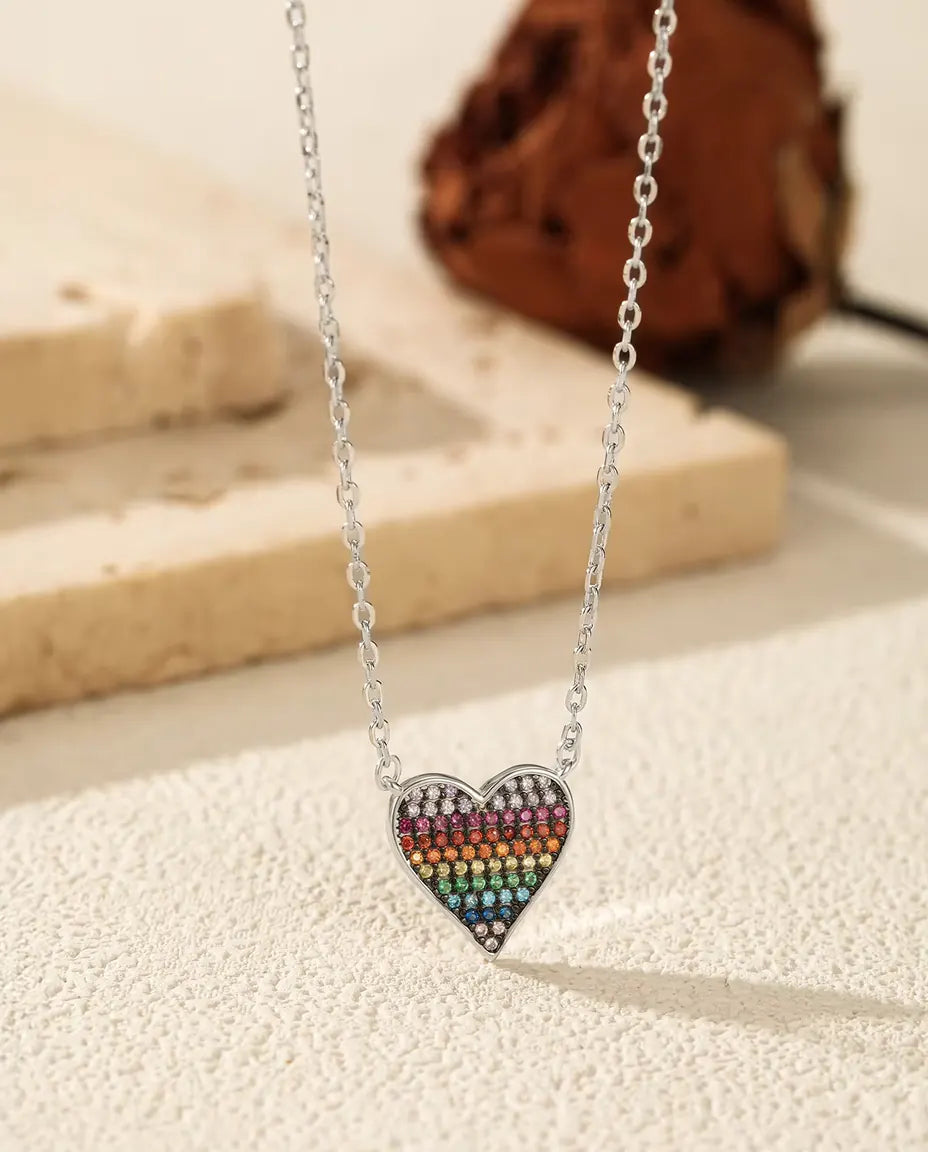 Rainbow pave zirconia heart necklace in 925 sterling silver