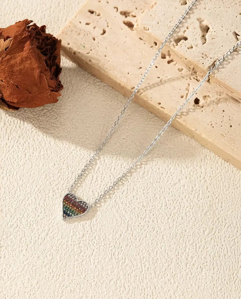 Rainbow pave zirconia heart necklace in 925 sterling silver