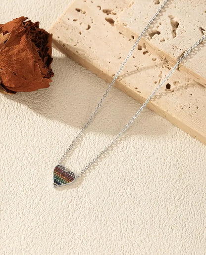 Rainbow pave zirconia heart necklace in 925 sterling silver