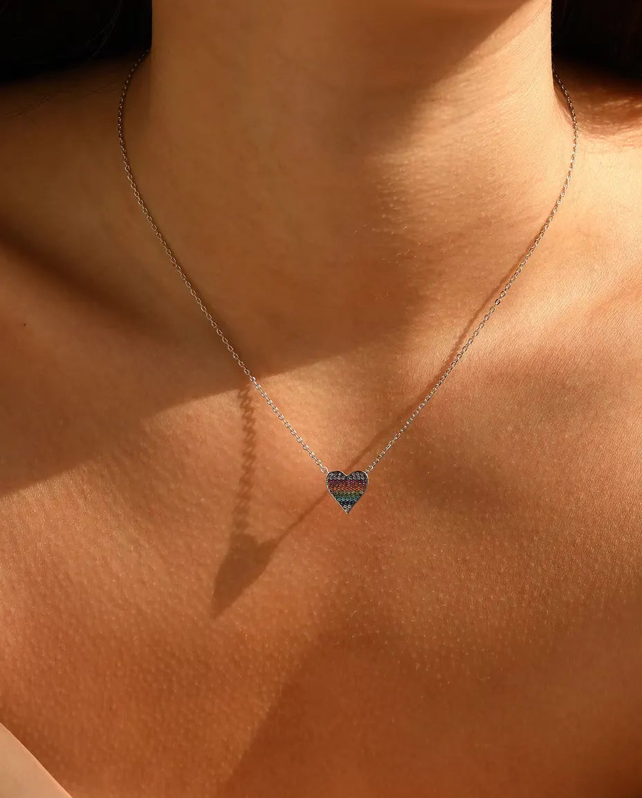 Rainbow pave zirconia heart necklace in 925 sterling silver