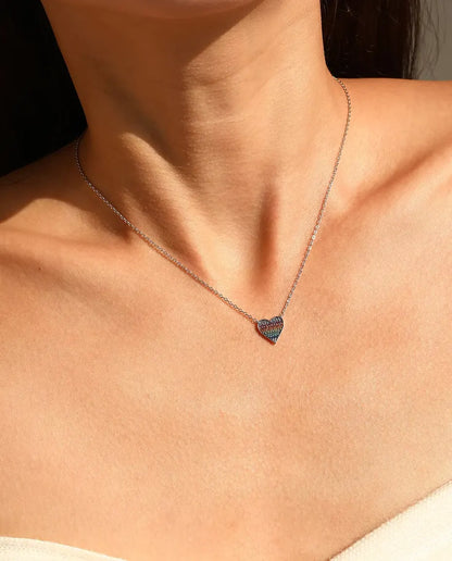 Rainbow pave zirconia heart necklace in 925 sterling silver