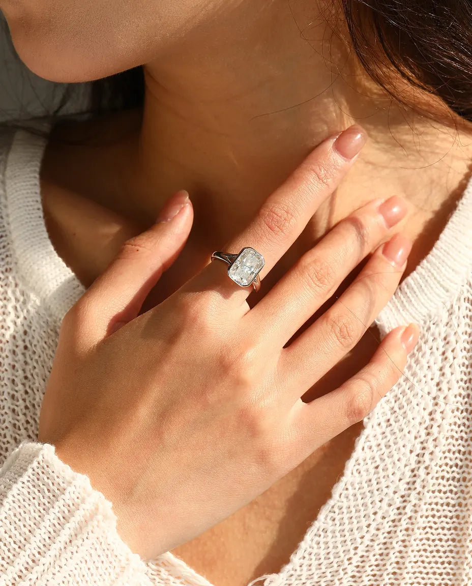 4.5 carat rectangle moissanite statement ring in 925 sterling silver