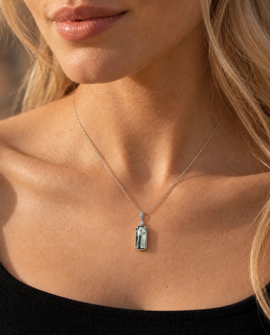 Rectangle Moss Agate Pendant Necklace in 925 Sterling Silver - worn on a model, close-up at the collarbone