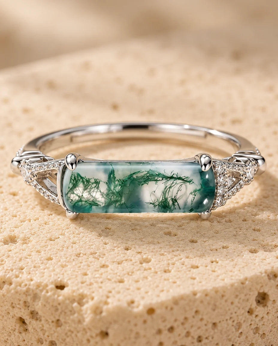 East-West Rectangular Moss Agate Ring - close-up of the gemstone