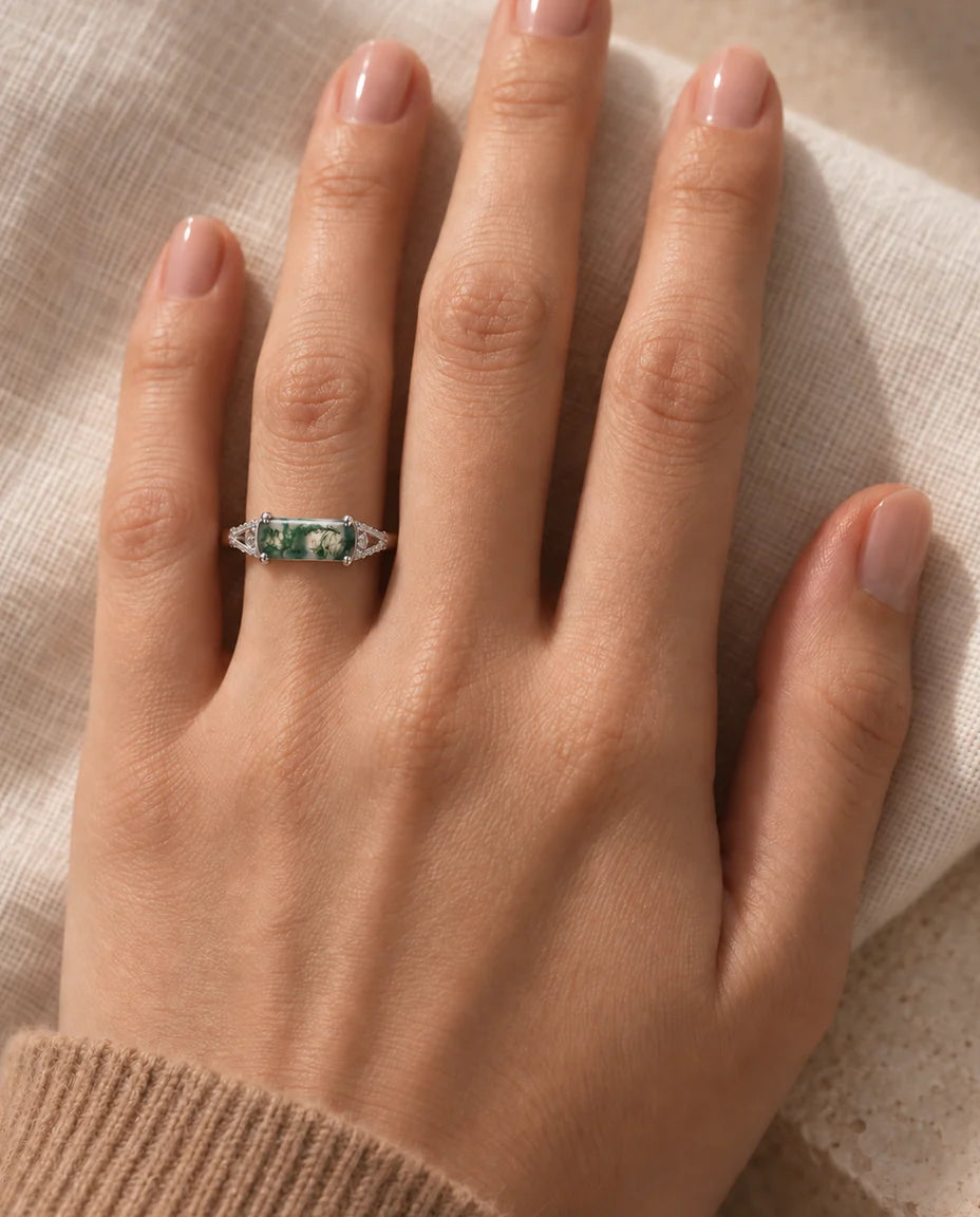 East-West Rectangular Moss Agate Ring - worn on the hand, close-up