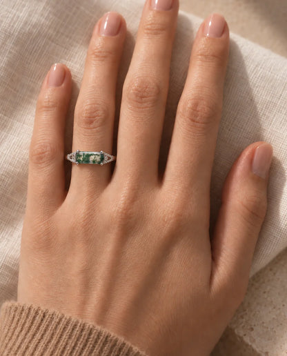 East-West Rectangular Moss Agate Ring - worn on the hand, close-up