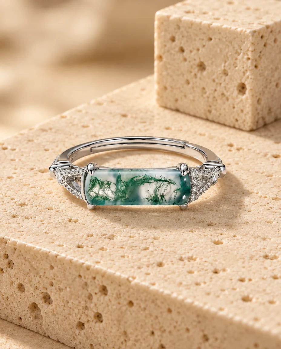 East-West Rectangular Moss Agate Ring - seen from above