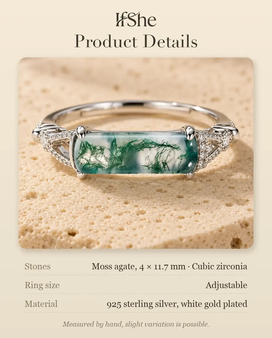 East-West Rectangular Moss Agate Ring - size and material details