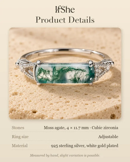 East-West Rectangular Moss Agate Ring - size and material details