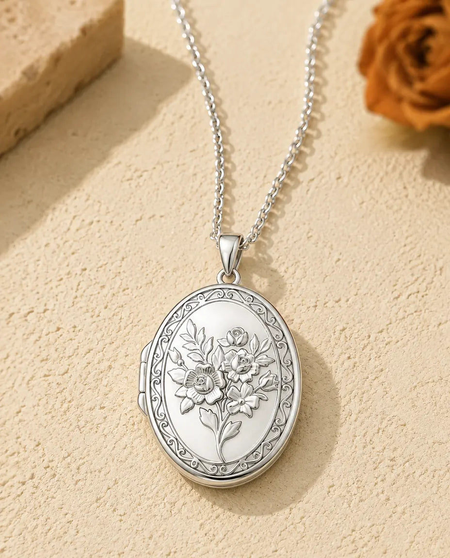 Rose bouquet oval photo locket necklace in silver, front view