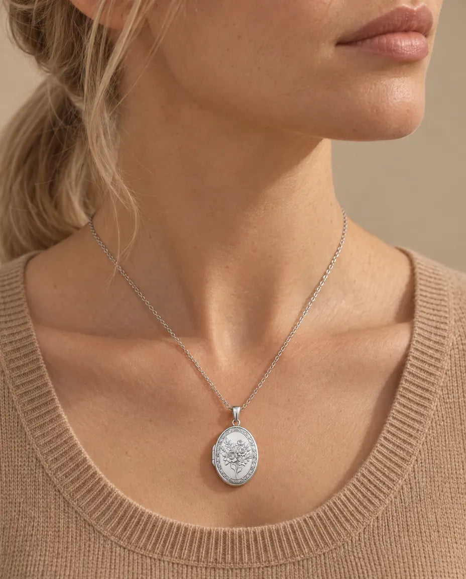 Personalized Photo Locket Necklace That Holds 2 Pictures - Rose Bouquet Oval Locket With Mother of Pearl Back worn on a model