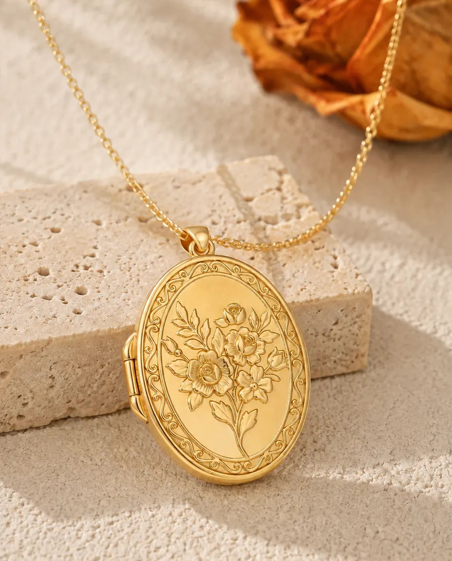 Rose bouquet oval photo locket necklace in gold tone