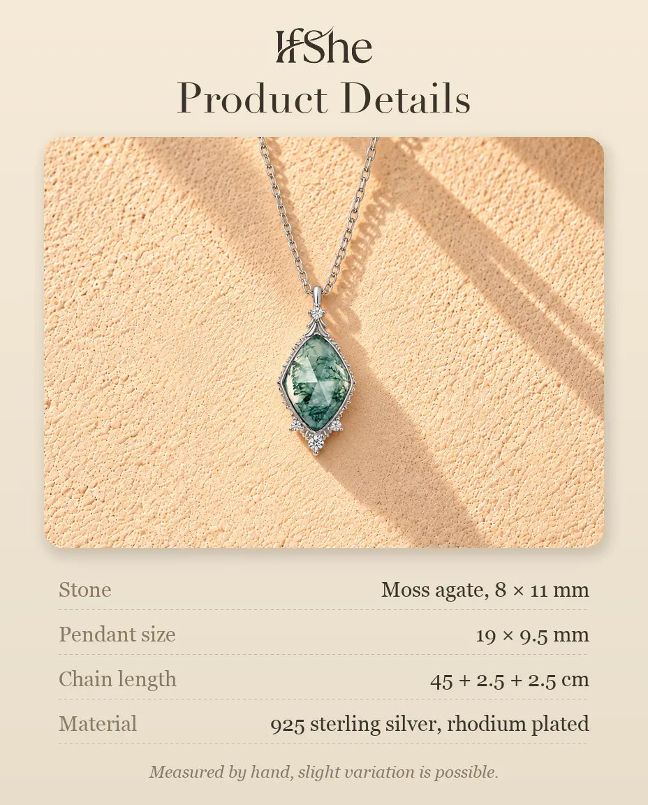Rose Cut Moss Agate Lozenge Necklace in 925 Sterling Silver - product details with stones, pendant size, chain length and material