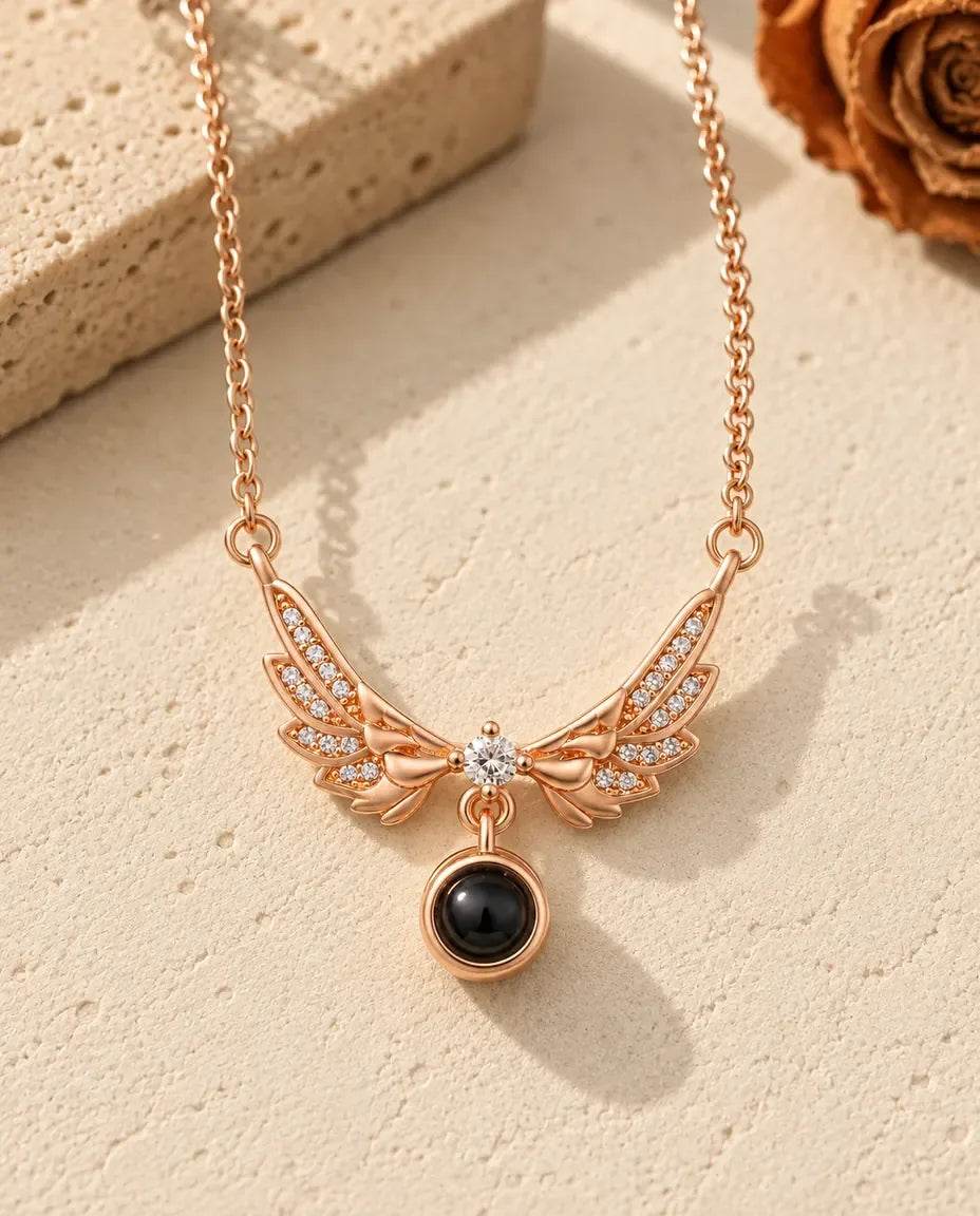 Personalized Angel Wing Photo Projection Necklace in Rose Gold - in rose gold finish
