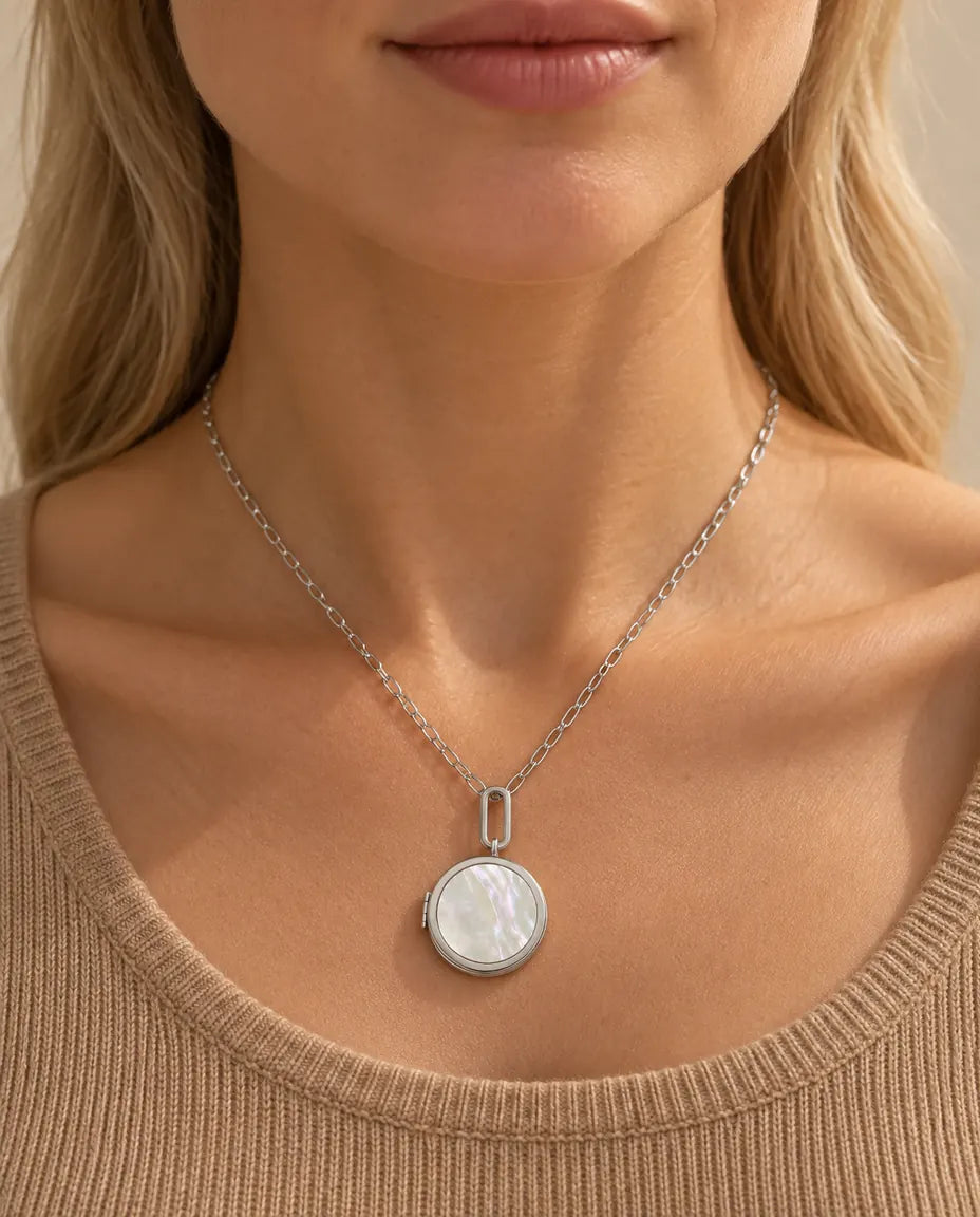 Personalized Round Photo Locket Necklace That Holds 2 Pictures worn on a model