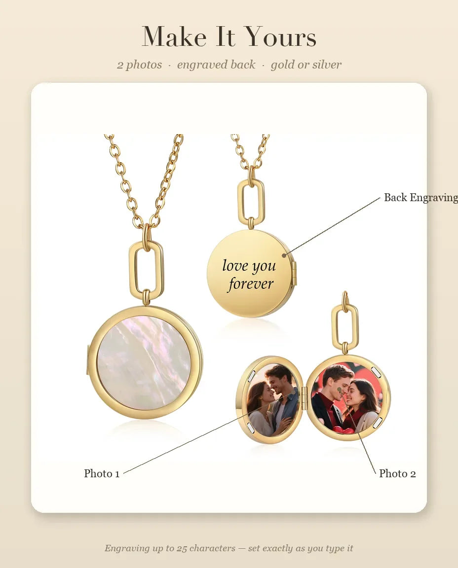 Personalization guide showing Photo 1, Photo 2 and the back engraving