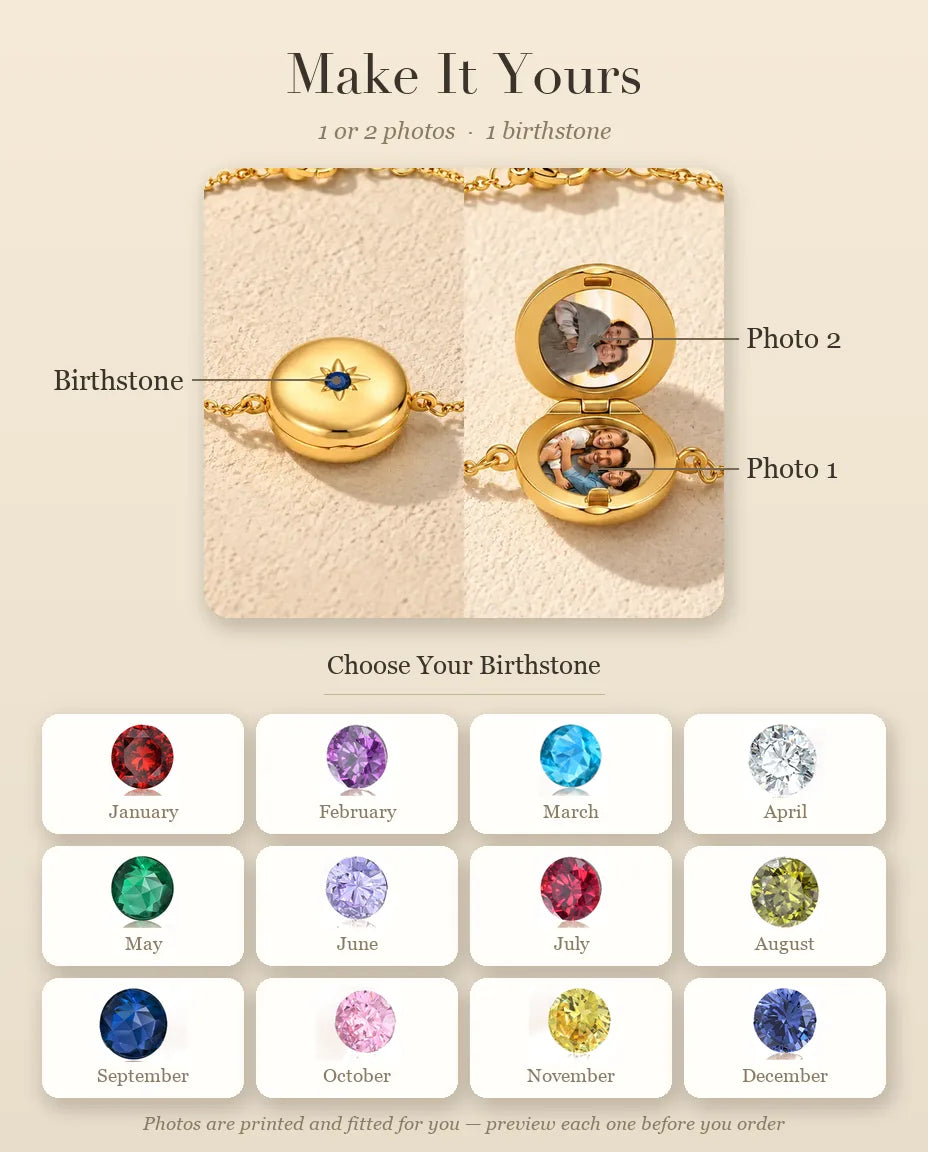 Personalization guide for the round locket bracelet: Birthstone, Photo 1 and Photo 2
