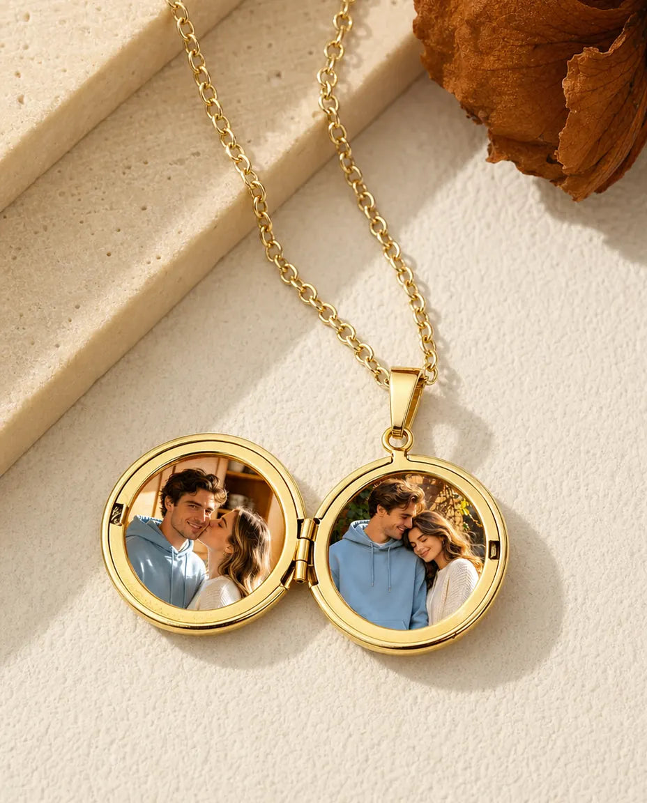 Gold round locket necklace open holding two custom photos
