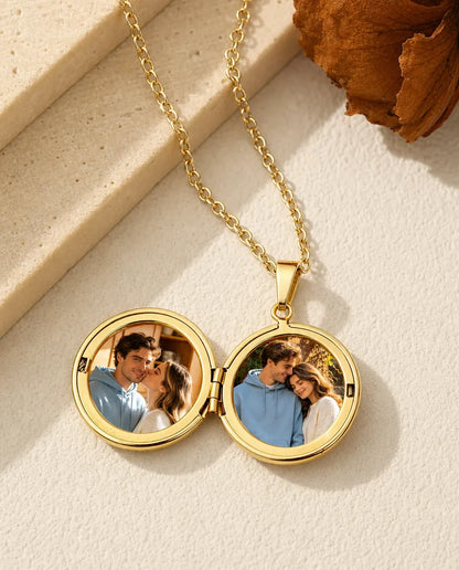 Gold round locket necklace open holding two custom photos