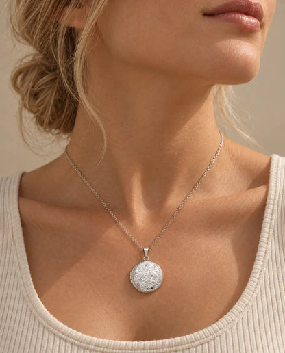 Personalized Round Photo Locket Necklace That Holds 2 Pictures worn on a model