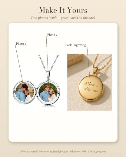 Personalization guide showing Photo 1, Photo 2 and Back Engraving placement on round locket