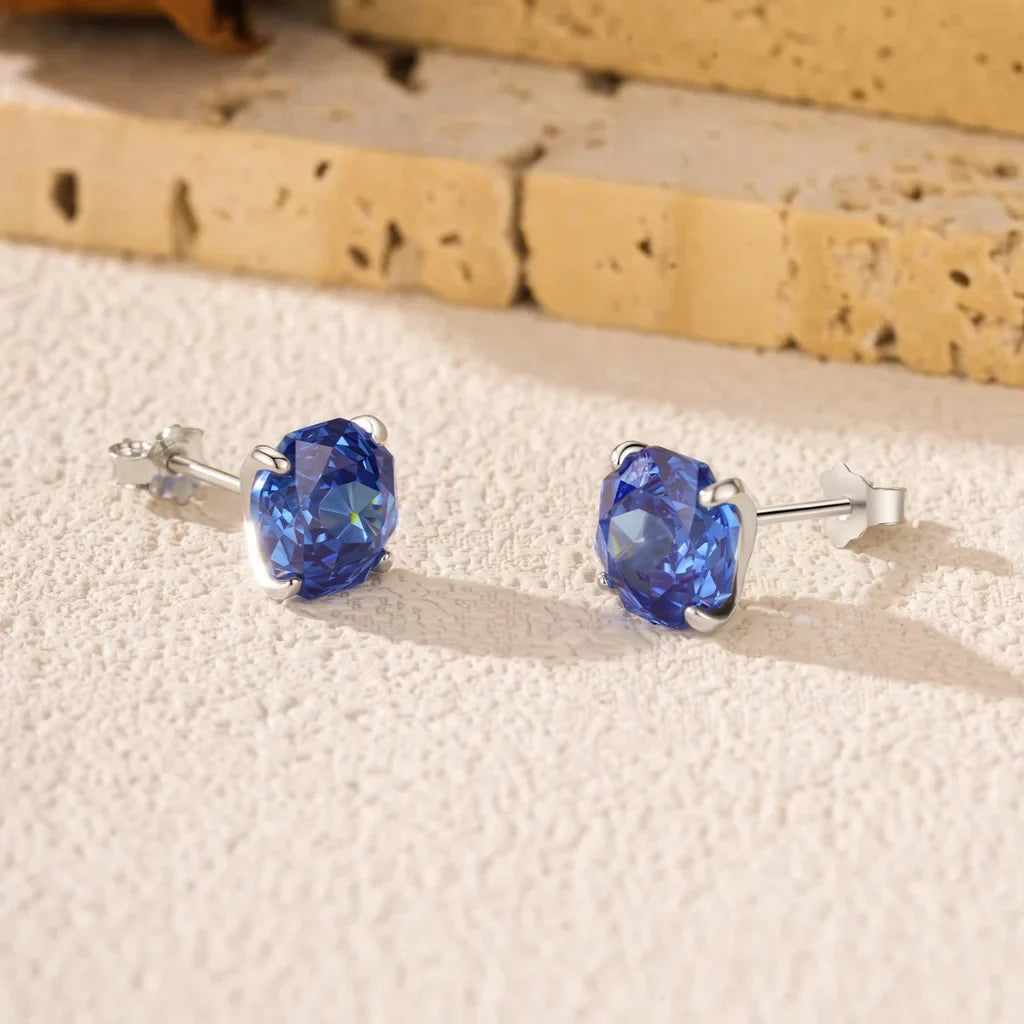 Royal Blue Rose Cut Zircon Sterling Silver Stud Earrings