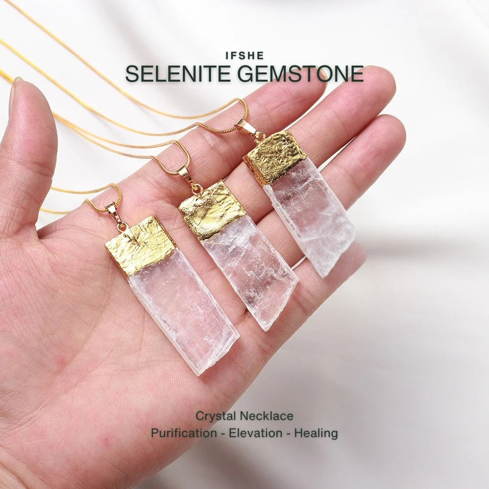 Natural Selenite Gemstone Crystal Pendant Necklace for Energy & Clarity
