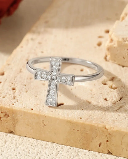 Sideways cross moissanite ring in 925 sterling silver with pave stones