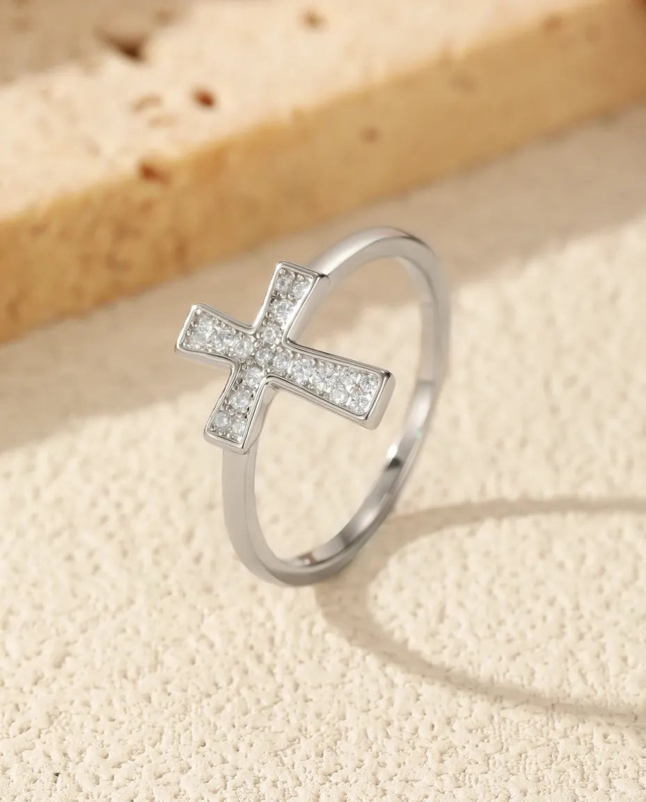 Sideways cross moissanite ring in 925 sterling silver with pave stones