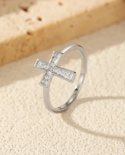 Sideways cross moissanite ring in 925 sterling silver with pave stones