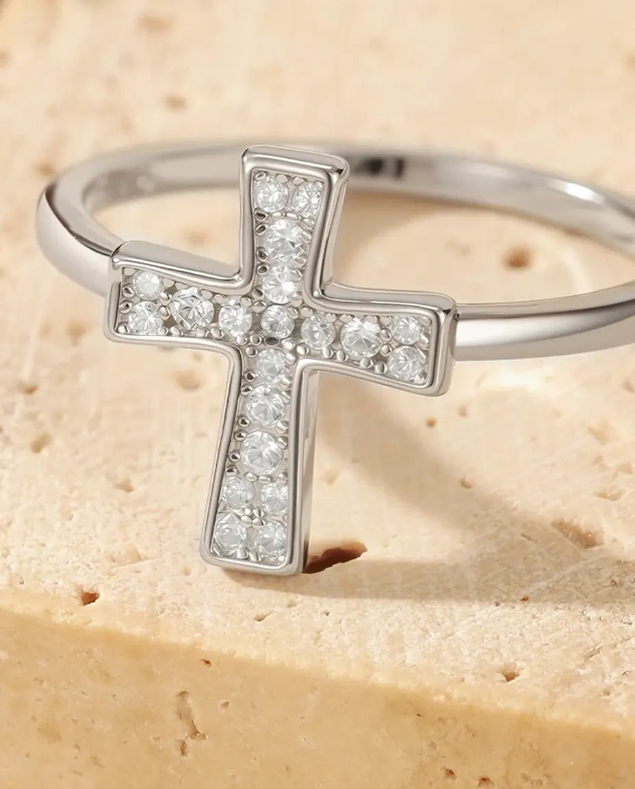 Sideways cross moissanite ring in 925 sterling silver with pave stones