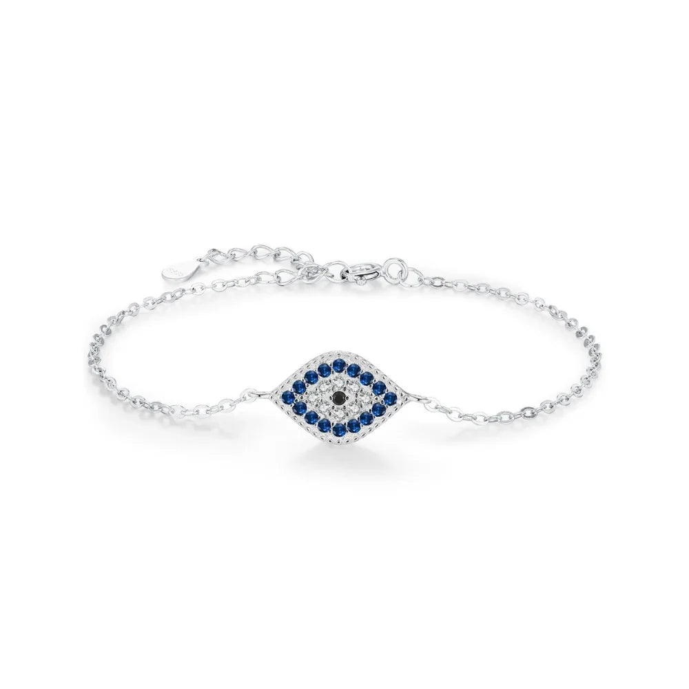 Sterling Silver Evil Eye Bracelet with Zircon - Turkish Lucky Eye Charm for Women