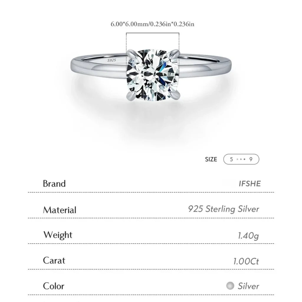 Square Cushion Cut Moissanite Ring in Sterling Silver