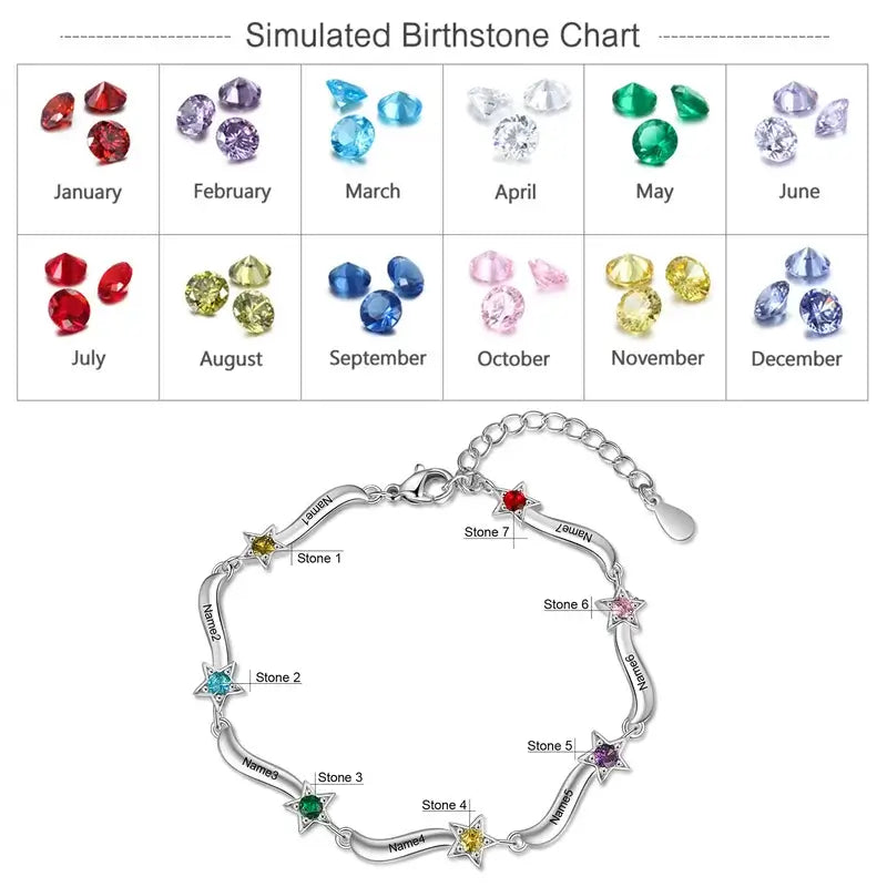 Personalized Star Charm Birthstone Bracelet | Engraved Name Bracelet | Up to 7 Birthstone and Names