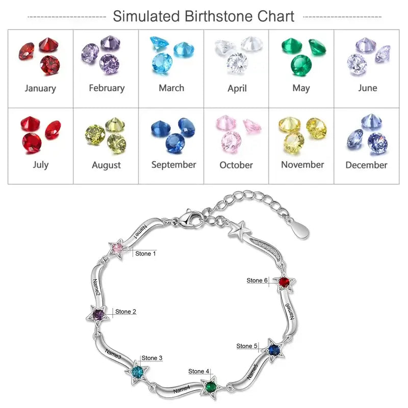 Personalized Star Charm Birthstone Bracelet | Engraved Name Bracelet | Up to 7 Birthstone and Names